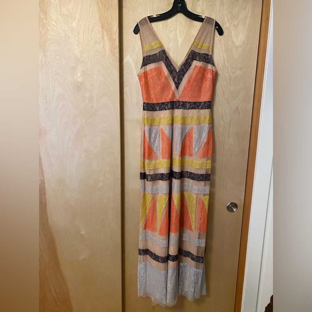 BcbgMaxAzria mesh and lace geometric maxi dress gown